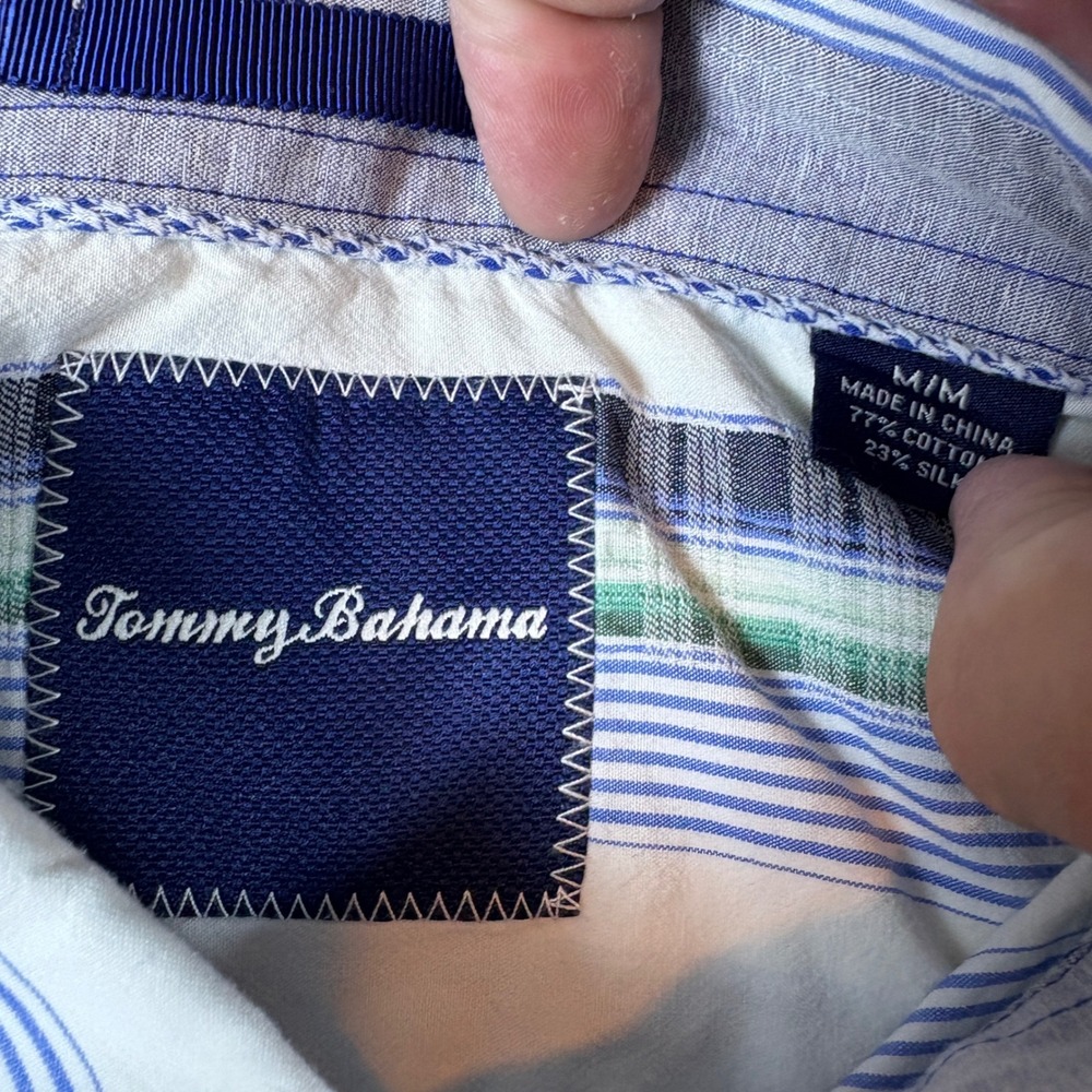 Tommy Bahama Shirts Men Medium Striped Cotton Silk Long Sleeve White Blue Green - Picture 3 of 7